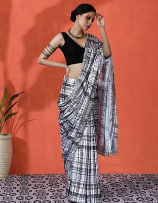 White mirror work checked printed digital printed satin saree with blouse piece 2