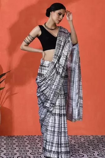 White mirror work checked printed digital printed satin saree with blouse piece
