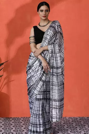White mirror work checked printed digital printed satin saree with blouse piece