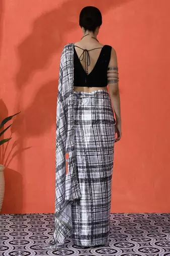White mirror work checked printed digital printed satin saree with blouse piece