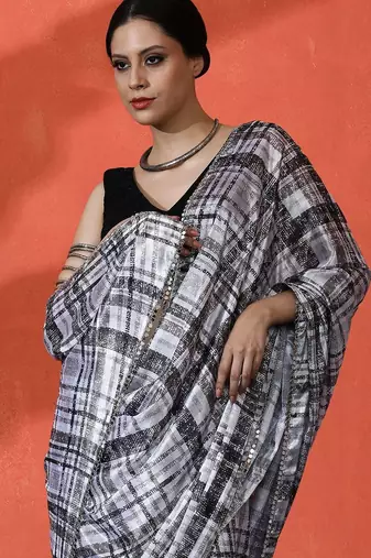 White mirror work checked printed digital printed satin saree with blouse piece