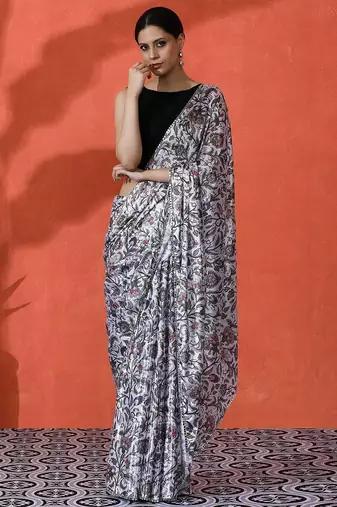 White mirror work floral printed digital printed satin saree with blouse piece