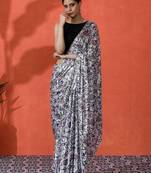 White mirror work floral printed digital printed satin saree with blouse piece