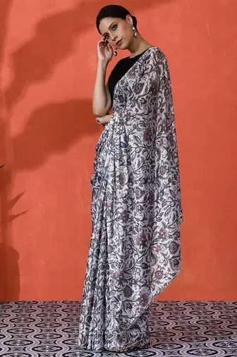 White mirror work floral printed digital printed satin saree with blouse piece