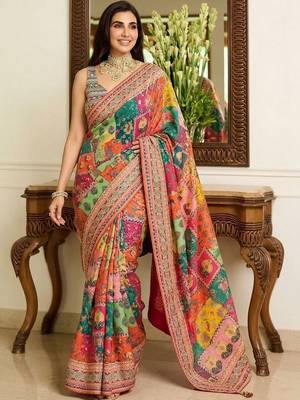 Multicolor ethnic motifs embroidered  chiffon heavy work saree 1