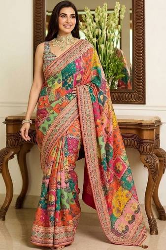 Multicolor ethnic motifs embroidered  chiffon heavy work saree