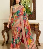 Multicolor ethnic motifs embroidered  chiffon heavy work saree