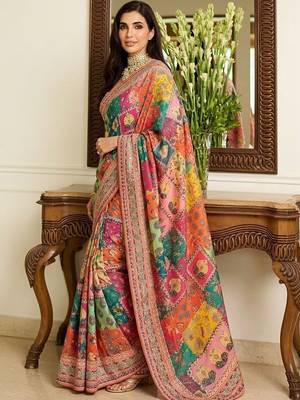 Multicolor ethnic motifs embroidered  chiffon heavy work saree 2