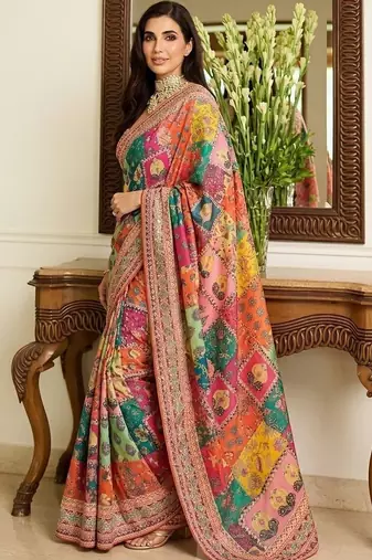 Multicolor ethnic motifs embroidered  chiffon heavy work saree
