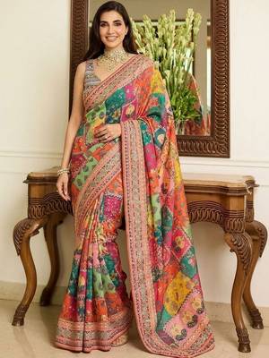Multicolor ethnic motifs embroidered  chiffon heavy work saree 4