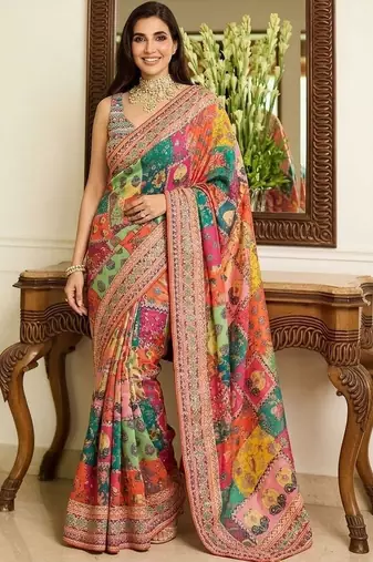 Multicolor ethnic motifs embroidered  chiffon heavy work saree