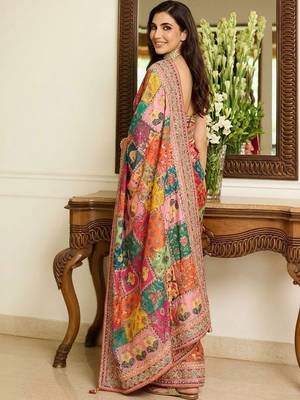 Multicolor ethnic motifs embroidered  chiffon heavy work saree 5