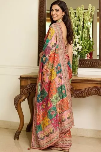 Multicolor ethnic motifs embroidered  chiffon heavy work saree