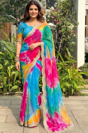 Multicolor tie and dye sequinned  georgette leheriya saree
