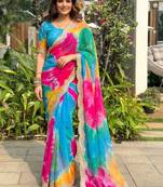 Multicolor tie and dye sequinned  georgette leheriya saree