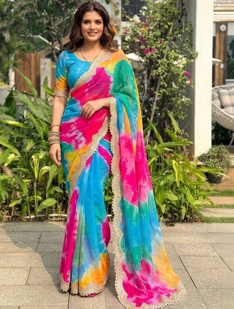 Multicolor tie and dye sequinned  georgette leheriya saree