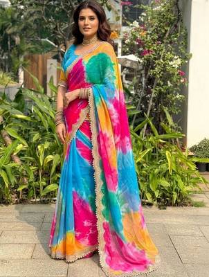 Multicolor tie and dye sequinned  georgette leheriya saree 2