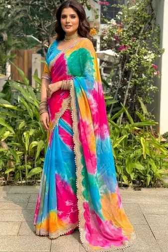 Multicolor tie and dye sequinned  georgette leheriya saree