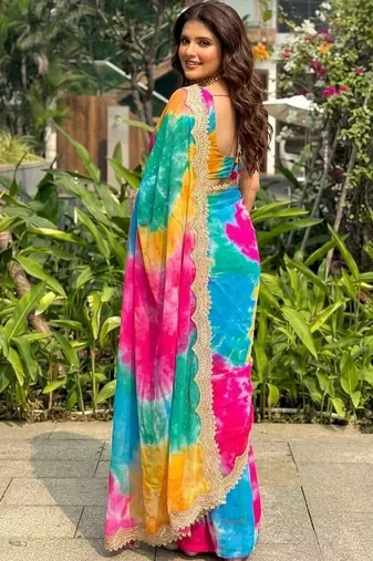 Multicolor tie and dye sequinned  georgette leheriya saree