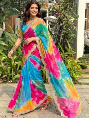 Multicolor tie and dye sequinned  georgette leheriya saree 4