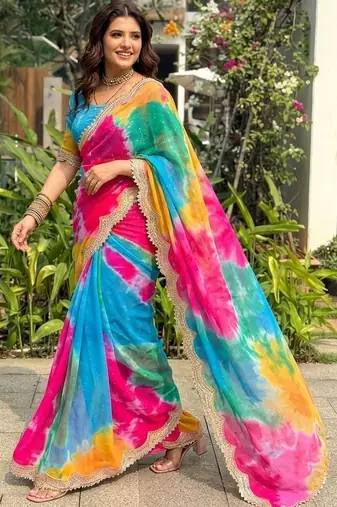 Multicolor tie and dye sequinned  georgette leheriya saree