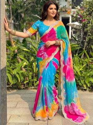 Multicolor tie and dye sequinned  georgette leheriya saree 5