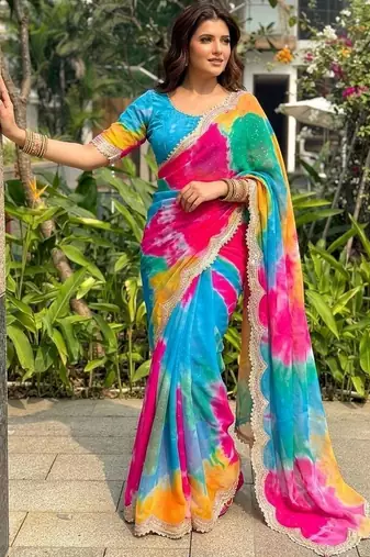 Multicolor tie and dye sequinned  georgette leheriya saree