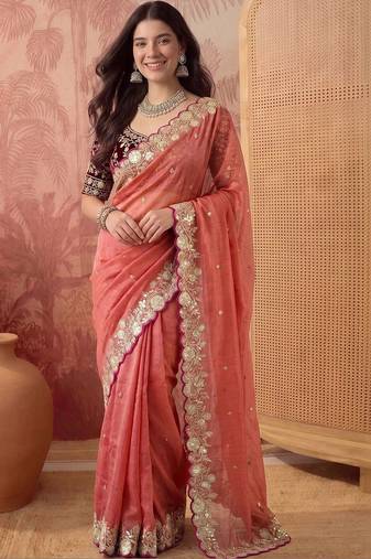 Peach embellished embroidered poly georgette saree