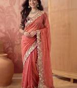 Peach embellished embroidered poly georgette saree