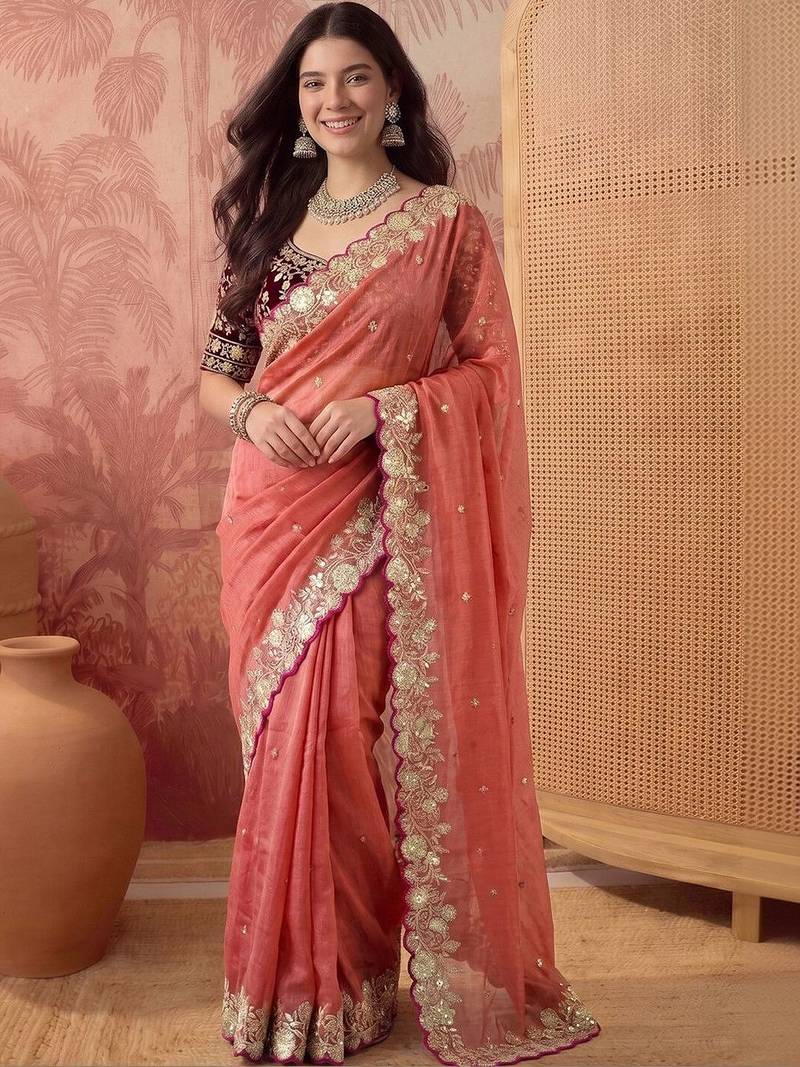 Peach embellished embroidered poly georgette saree