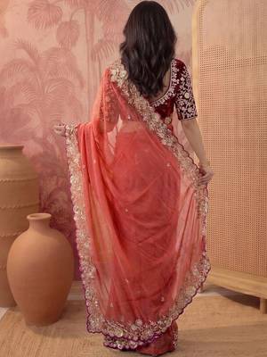 Peach embellished embroidered poly georgette saree 2