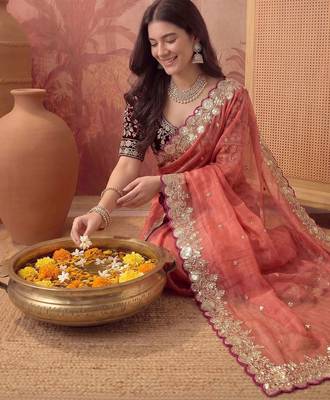 Peach embellished embroidered poly georgette saree 3