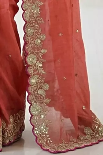 Peach embellished embroidered poly georgette saree