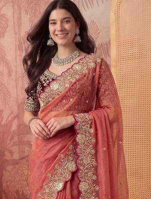 Peach embellished embroidered poly georgette saree 5