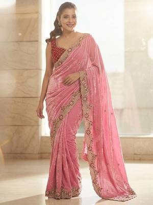 Pink embroidered sarees with stitched blouse 1