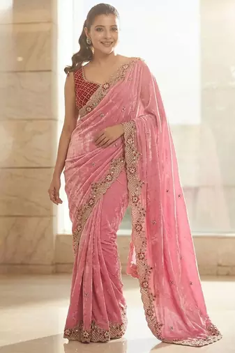 Pink embroidered sarees with stitched blouse