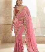 Pink embroidered sarees with stitched blouse