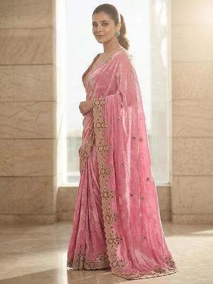 Pink embroidered sarees with stitched blouse 2