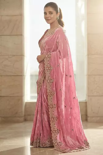 Pink embroidered sarees with stitched blouse