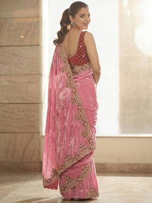 Pink embroidered sarees with stitched blouse 3