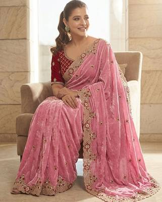Pink embroidered sarees with stitched blouse 5