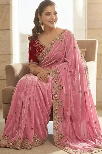 Pink embroidered sarees with stitched blouse