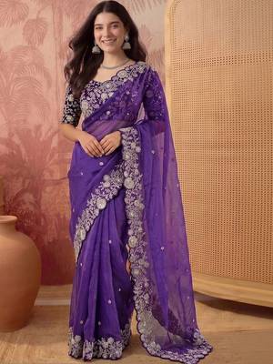 Purple floral embroidered poly georgette saree 1