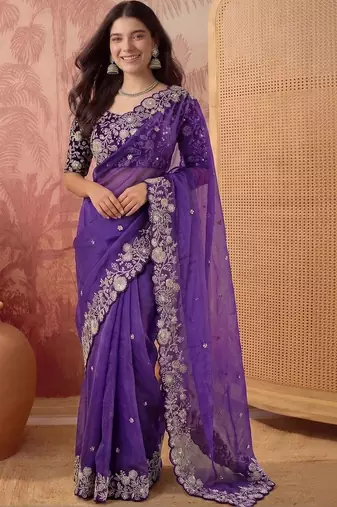 Purple floral embroidered poly georgette saree