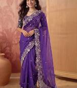 Purple floral embroidered poly georgette saree