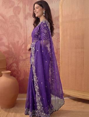 Purple floral embroidered poly georgette saree 2