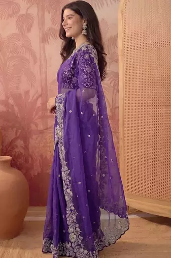 Purple floral embroidered poly georgette saree