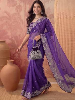 Purple floral embroidered poly georgette saree 3