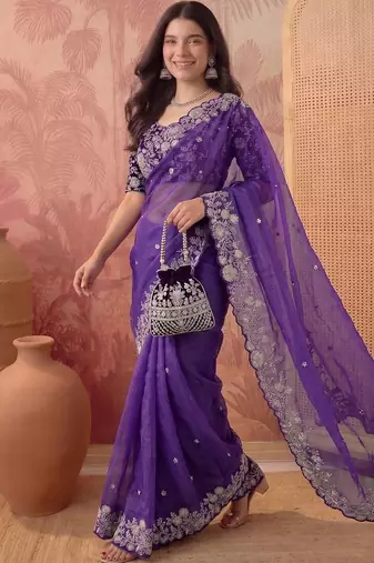 Purple floral embroidered poly georgette saree