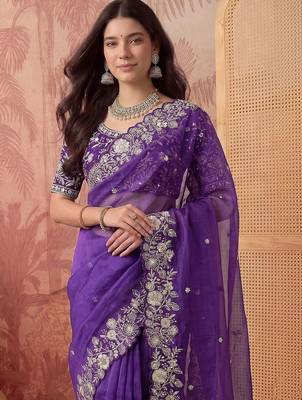 Purple floral embroidered poly georgette saree 4